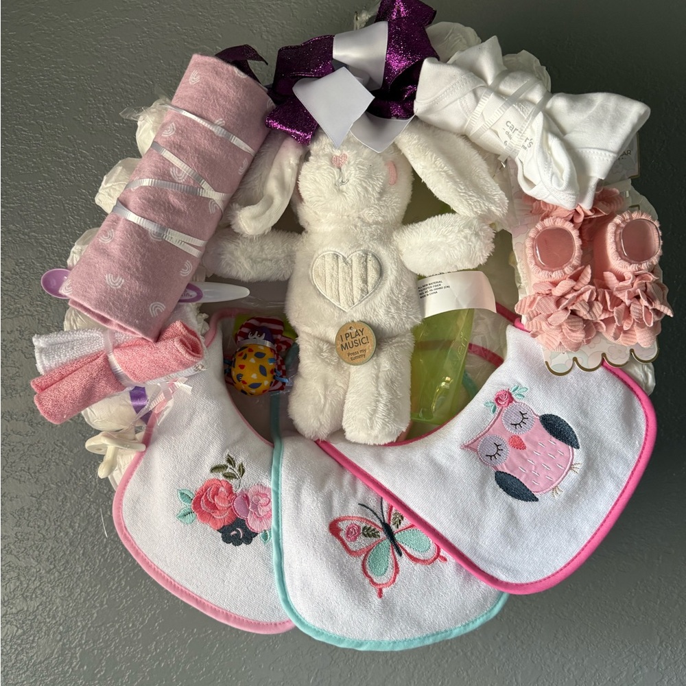Adorable Kids Accessory Set with Plush Bunny and Bibs. Girl diaper cake.